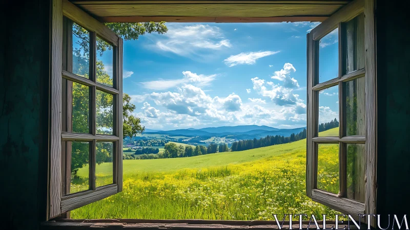 Open wooden window framing distant hills and meadow view.