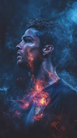 Blazing striker crowned in blue smoke and molten embers.