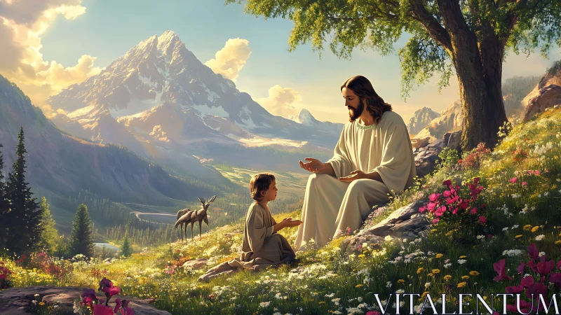 Mountain meadow promise with teacher in radiant white robes.