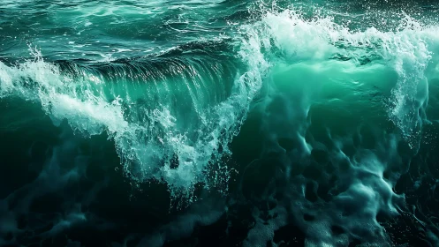Emerald ocean wave curls forward with translucent spray