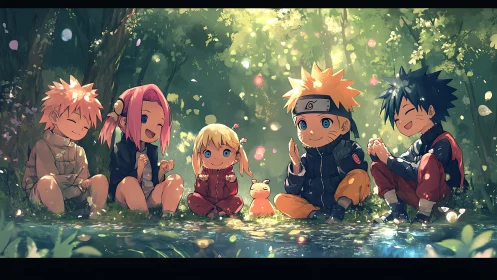 Forest glade tableau of stylized children in luminous anime light.