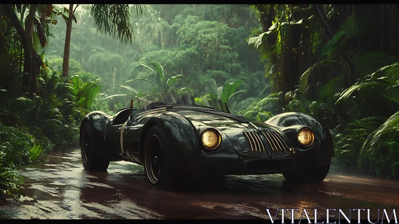 Vintage roadster cuts through lush tropical rainforest storm