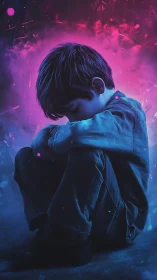 Sad boy curls inward under neon pink and blue haze.