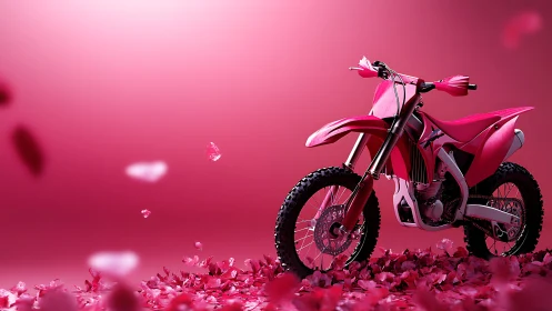 Pink off-road motorcycle stands on pink petals in studio