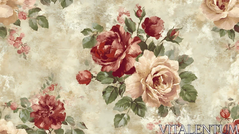 Vintage floral wallpaper pattern with muted painted roses.