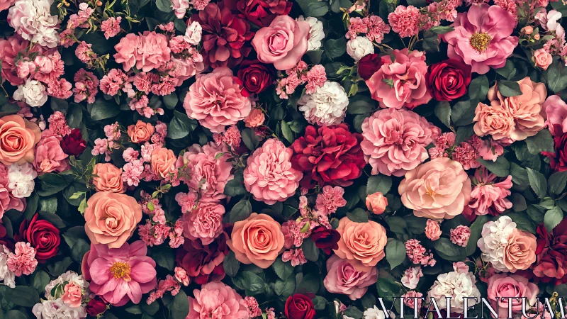 Dense Floral Arrangement with Pink and Red Blooms.
