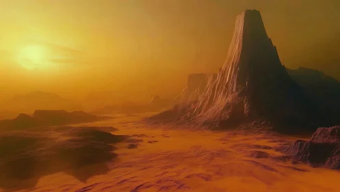 Glowing alien mesa at sunset on a quiet desert world.