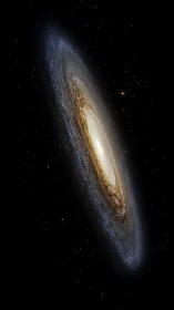 Oblique spiral galaxy cross-section with luminous stellar core.