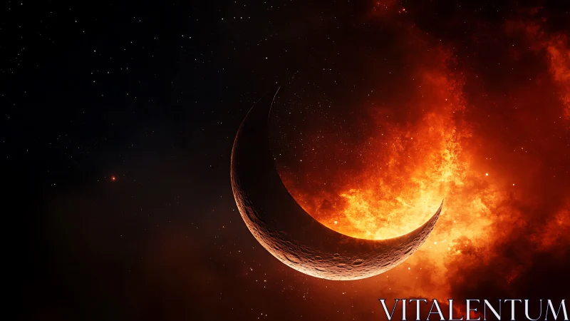 Crescent planetary body arcs before incandescent nebular fire