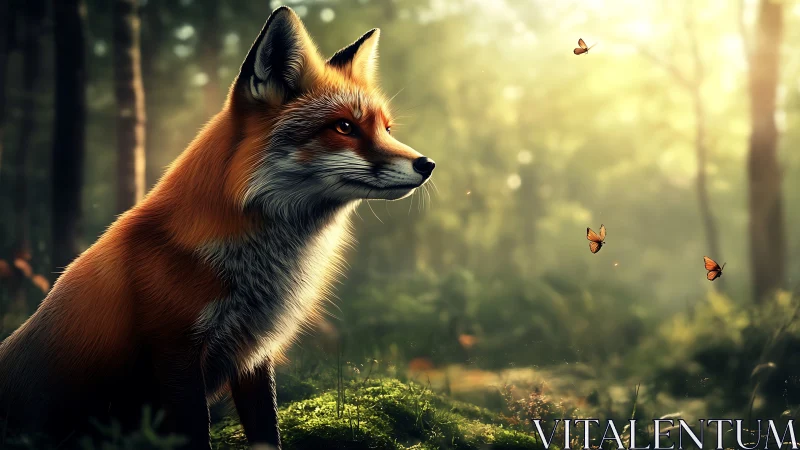 Photorealistic fox portrait in sunlit woodland environment.