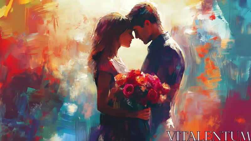 Couple with Red Roses in Colorful Abstract Setting