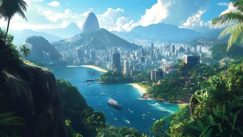 Rio de Janeiro Coastal Vista. Dramatic Peak, Urban Sprawl, Tropical Paradise.
