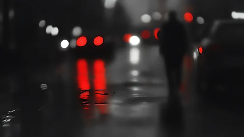 Silhouetted figure on wet city street with red lights.