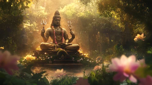 Serene Shiva statue in radiant lotus forest sanctuary.