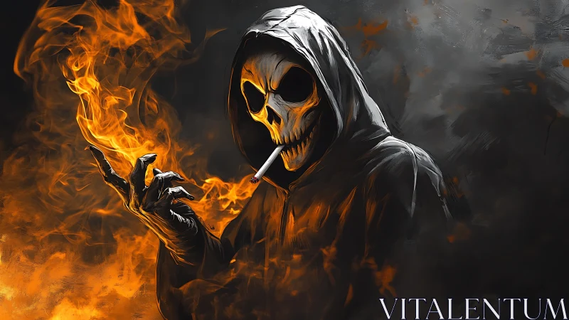 Flaming skeletal reaper in hooded cloak with cigarette ignited