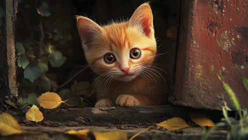 Copper Whisker Awaits: Kitten's Shadowed Curiosity Blooms.