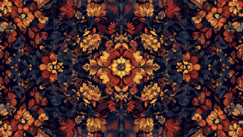 Radial autumnal floral tessellation with high-contrast symmetry.