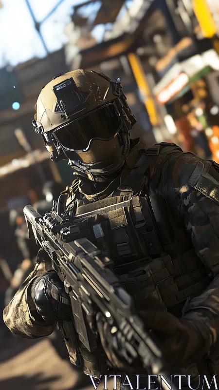 Armored tactical soldier with rifle in urban combat zone.