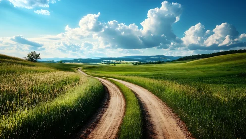 Curving dirt road crossing vivid green countryside fields.