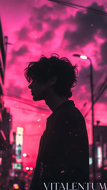 Neon dusk stroll with a quiet dreamer under pink skies.