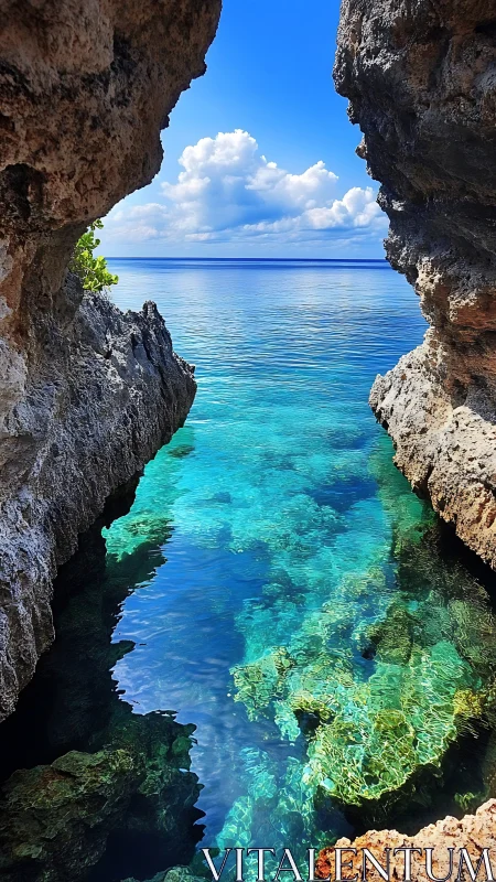 Turquoise sea cove framed by rugged coastal rock cliffs.