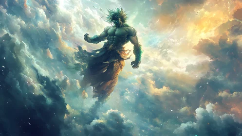 Mythic storm colossus emerging through volumetric cloudfields.