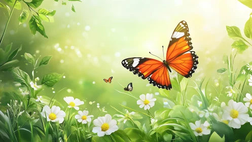 Orange butterfly flies over daisies in bright green meadow