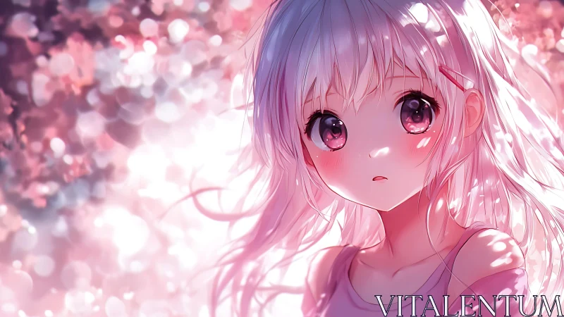 Pastel-haired anime girl in luminous cherry blossom bokeh.