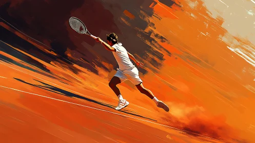 Clay court sprinting tennis player in vivid orange motion.