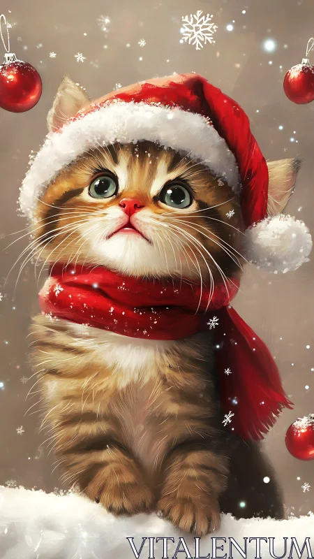 Digital illustration of kitten in Santa hat and scarf. Period.