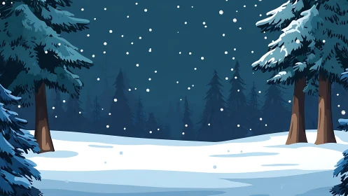 Digital winter forest scene with stylized snowfall layering.