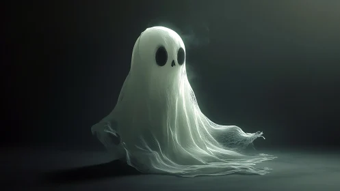 Translucent ghost figure on dark gradient background.