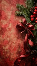 Festive red ribbon and evergreen Christmas corner border.