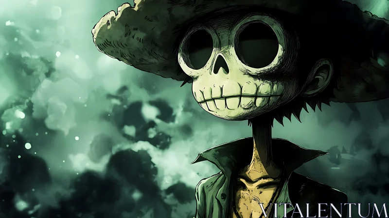 Playful skeleton pirate in dreamy green misty light.