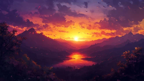 Sunlit valley and glowing lake beneath painted skies.