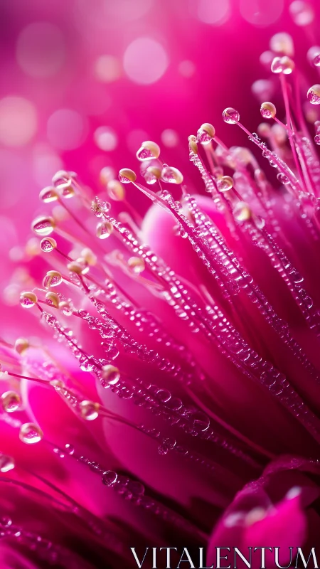 Macro dew on vivid pink flower stamens in shallow focus.