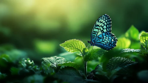 Vibrant Blue Butterfly on Leaf in Sunlit Nature, Photorealistic Style.