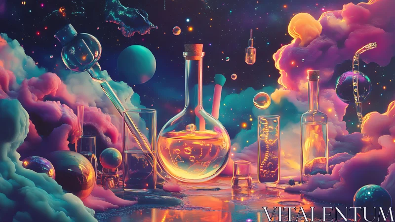 Cosmic alchemy laboratory in neon vapor clouds at night.
