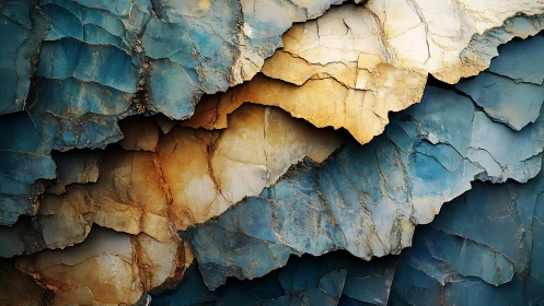 Layered Abstract Rock Texture in Blue and Gold Tones, Digital Art.