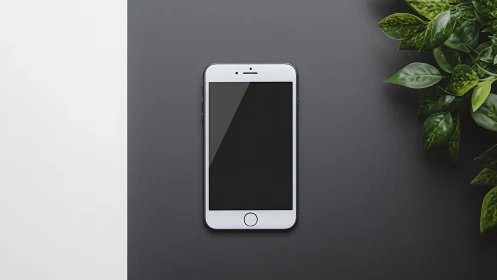 Modern White Smartphone on Gray Surface with Greenery.