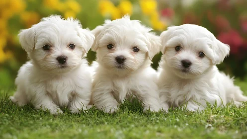 Three white puppies lie on green grass facing the camera