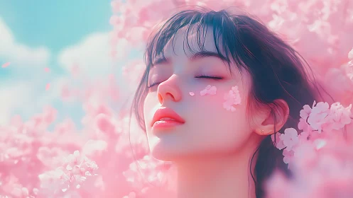 Soft spring daydream surrounds a serene, blossom-kissed face
