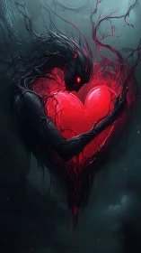 Shadow entity envelops a glowing heart in dark surreal space