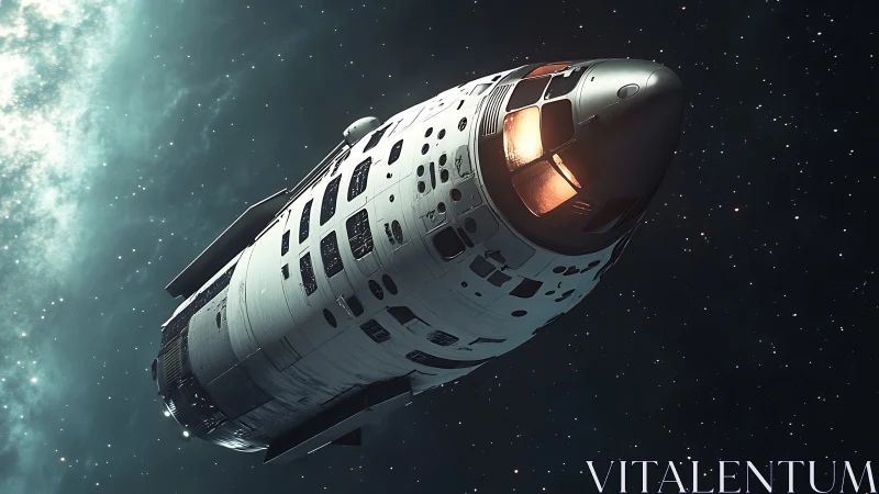 3D spacecraft capsule in deep space with cinematic lighting detail.