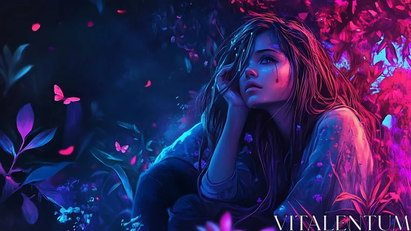 Dreamy girl resting in glowing neon forest of butterflies.