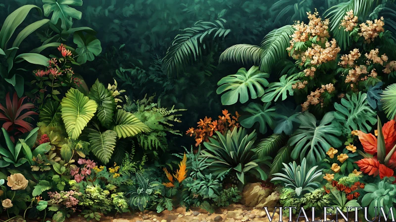 Dense tropical foliage covers a richly detailed forest floor