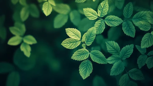 Sunlit green leaves drift gently over a soft forest blur
