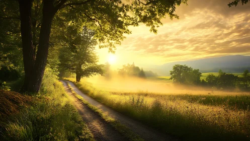 Country lane at sunrise with misty golden fields.