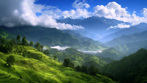 Emerald terraces breathe under drifting mountain clouds.