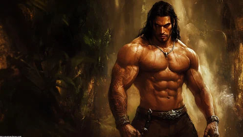 Warrior bodybuilder in jungle light, muscular fantasy hero.